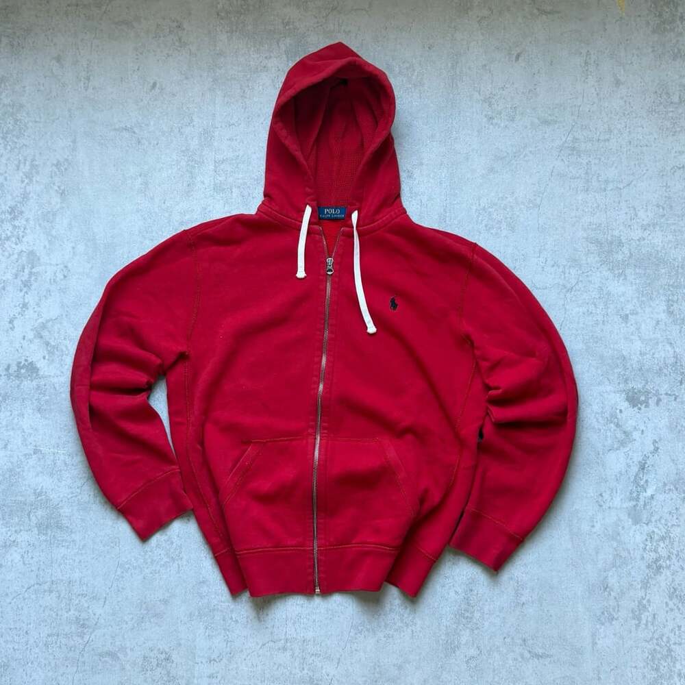 Polo Ralph Lauren Full Zip Hoodie Size L Red Waffle Lined Sweatshirt